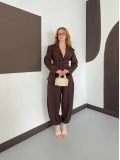Blazer Düğme Detaylı Pantolon-Ceket Takım Kahve