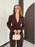 Blazer Düğme Detaylı Pantolon-Ceket Takım Kahve