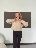 Cep Detaylı Crop Kaşe Ceket Bej