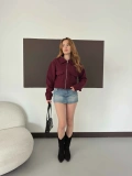 Cep Detaylı Crop Kaşe Ceket Bordo
