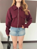 Cep Detaylı Crop Kaşe Ceket Bordo