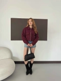 Cep Detaylı Crop Kaşe Ceket Bordo