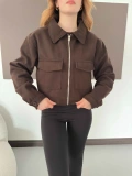Cep Detaylı Crop Kaşe Ceket Kahve