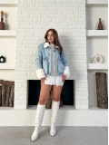 Cep Detaylı Peluş Denim Ceket Mavi