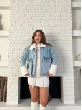 Cep Detaylı Peluş Denim Ceket Mavi