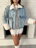 Cep Detaylı Peluş Denim Ceket Mavi