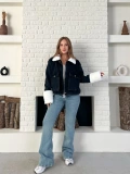 Cep Detaylı Peluş Denim Ceket Siyah