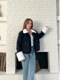Cep Detaylı Peluş Denim Ceket Siyah