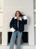 Cep Detaylı Peluş Denim Ceket Siyah