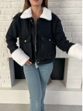 Cep Detaylı Peluş Denim Ceket Siyah