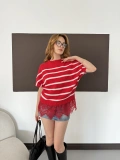 Çizgi Desen Altı Dantel Detaylı Triko Bluz Kırmızı