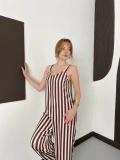Çizgi Desen Askılı Salaş Tulum Kahve