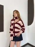 Çizgi Desen Şal Detaylı Triko Hırka Bordo