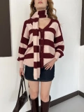 Çizgi Desen Şal Detaylı Triko Hırka Bordo
