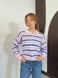 Çizgi Detaylı Muadil Triko Kazak Pembe-Mavi