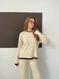 Çoban Dikiş Bluz-Pantolon Triko Takım Bej-Siyah