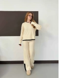 Çoban Dikiş Bluz-Pantolon Triko Takım Bej-Siyah