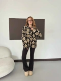 Desenli Peluş Polar Siyah Papatyalı
