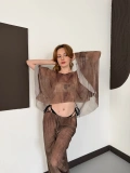 Dijital Baskı Asimetrik Bikini Üstü Takım Acıkahve
