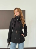 Dik Yaka Bel Kemerli Kısa Trenç Siyah