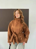 Dik Yaka Bel Kuşak Arka Lastikli Süet Ceket Taba