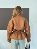 Dik Yaka Bel Kuşak Arka Lastikli Süet Ceket Taba
