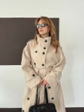 Dik Yaka Bel Kuşaklı Uzun Trenç Bej