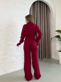 Dik Yaka Parmak Geçmeli Triko Takım Bordo