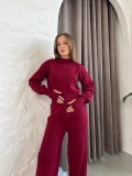 Dik Yaka Parmak Geçmeli Triko Takım Bordo
