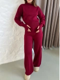 Dik Yaka Parmak Geçmeli Triko Takım Bordo
