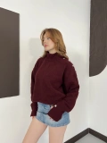 Dik Yaka Yumoş Oversize Crop Triko Kazak Bordo