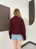Dik Yaka Yumoş Oversize Crop Triko Kazak Bordo