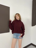 Dik Yaka Yumoş Oversize Crop Triko Kazak Bordo