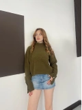 Dik Yaka Yumoş Oversize Crop Triko Kazak Haki