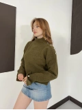 Dik Yaka Yumoş Oversize Crop Triko Kazak Haki