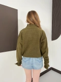 Dik Yaka Yumoş Oversize Crop Triko Kazak Haki