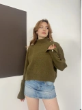 Dik Yaka Yumoş Oversize Crop Triko Kazak Haki