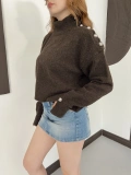 Dik Yaka Yumoş Oversize Crop Triko Kazak Kahve