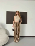 Dikey Çizgi Detaylı Geniş Paça Pantolon Kahve