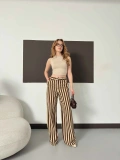 Dikey Çizgi Detaylı Geniş Paça Pantolon Kahve