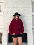 Düğme Detaylı Cepli Peluş Kaban Bordo