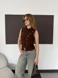 Düğme Detaylı Triko Vintage Yelek Kahve
