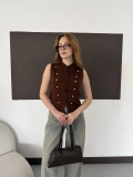 Düğme Detaylı Triko Vintage Yelek Kahve