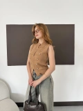 Düğme Detaylı Triko Vintage Yelek Vizon