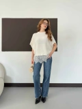Etek Ucu Dantelli Oversize Triko Bluz Beyaz