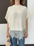 Etek Ucu Dantelli Oversize Triko Bluz Beyaz