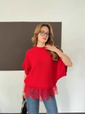 Etek Ucu Dantelli Oversize Triko Bluz Kırmızı