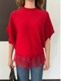 Etek Ucu Dantelli Oversize Triko Bluz Kırmızı
