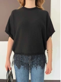 Etek Ucu Dantelli Oversize Triko Bluz Siyah