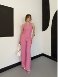 Fitilli Kumaş Sırt Dekolteli Takım Pembe